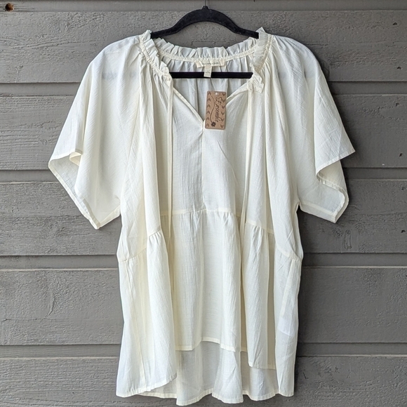 grade & gather Tops - NWT Grade & Gather Ivory Tie Neck Short Sleeve Blouse Large Lightweight Flowy